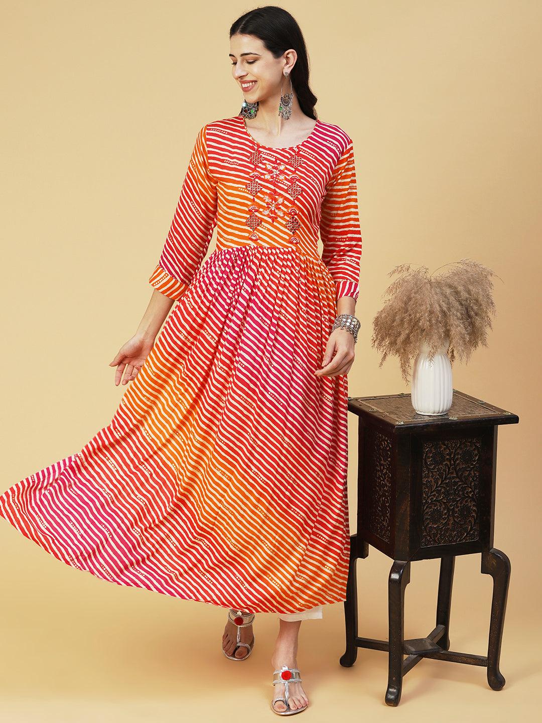 Leheriya Printed & Embroidered A-line Kurta - Red - Indiakreations