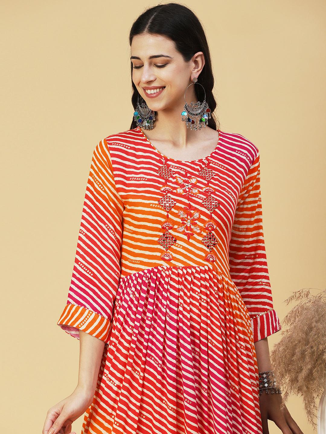 Leheriya Printed & Embroidered A-line Kurta - Red - Indiakreations