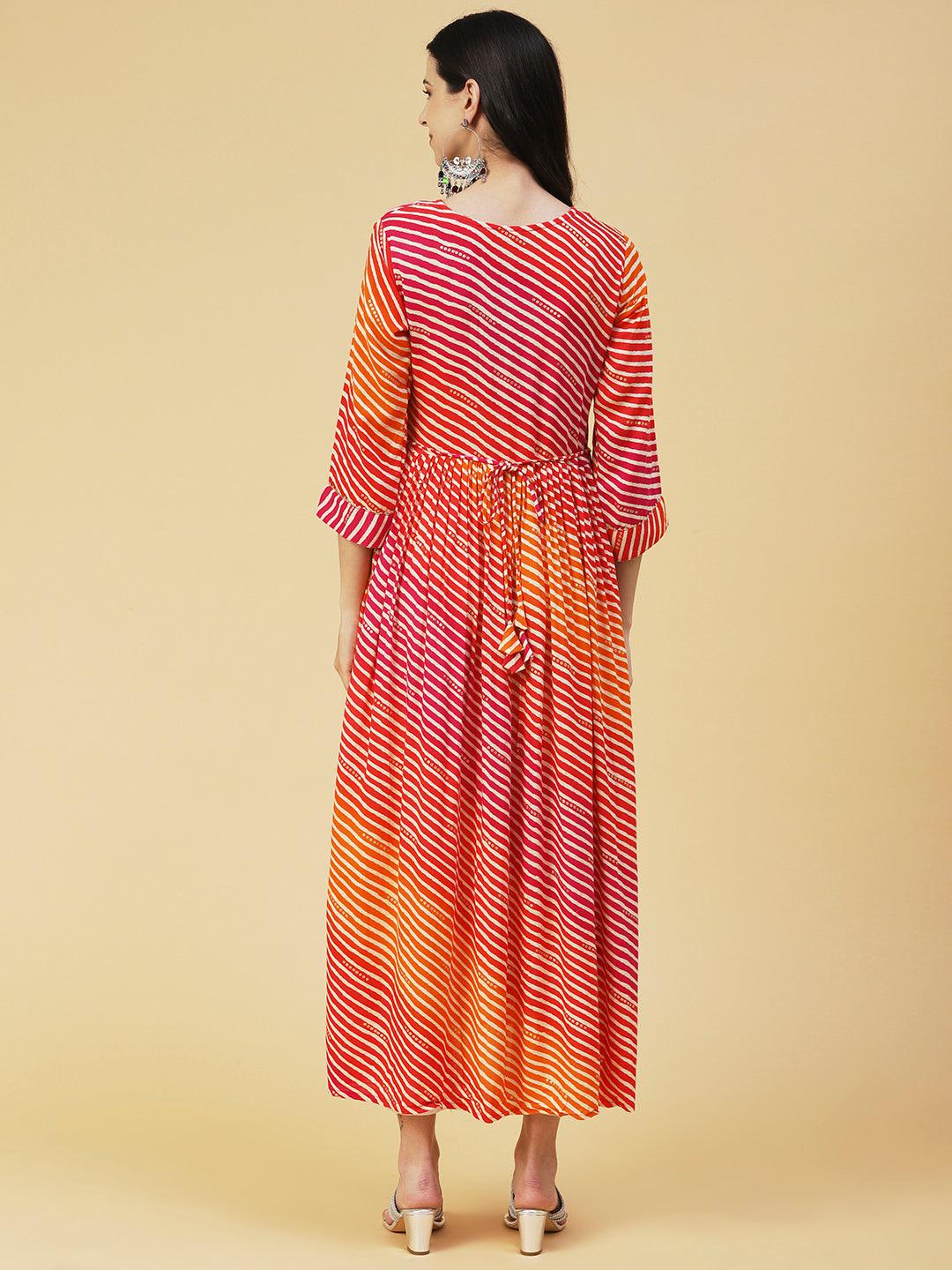 Leheriya Printed & Embroidered A-line Kurta - Red - Indiakreations