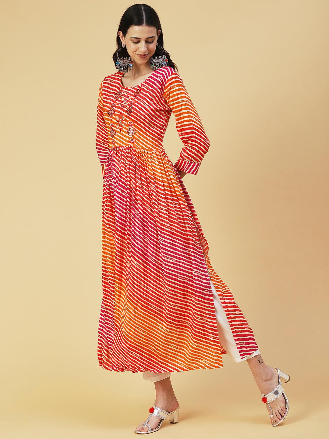 Leheriya Printed & Embroidered A-line Kurta - Red - Indiakreations