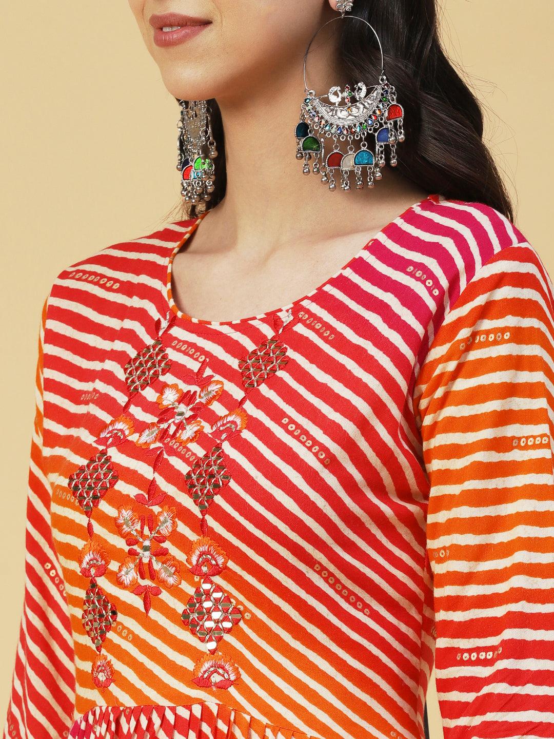 Leheriya Printed & Embroidered A-line Kurta - Red - Indiakreations