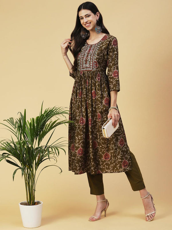 Floral Printed Zari & Mirror Embroidered Kurta With Pants - Olive - Indiakreations