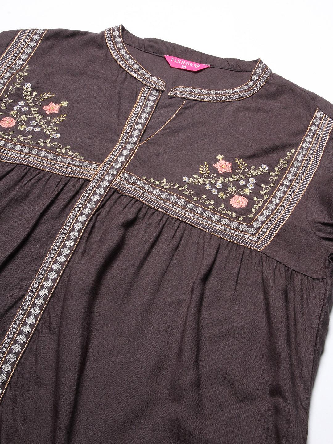 Solid Floral Embroidered A-line Top - Grey - Indiakreations