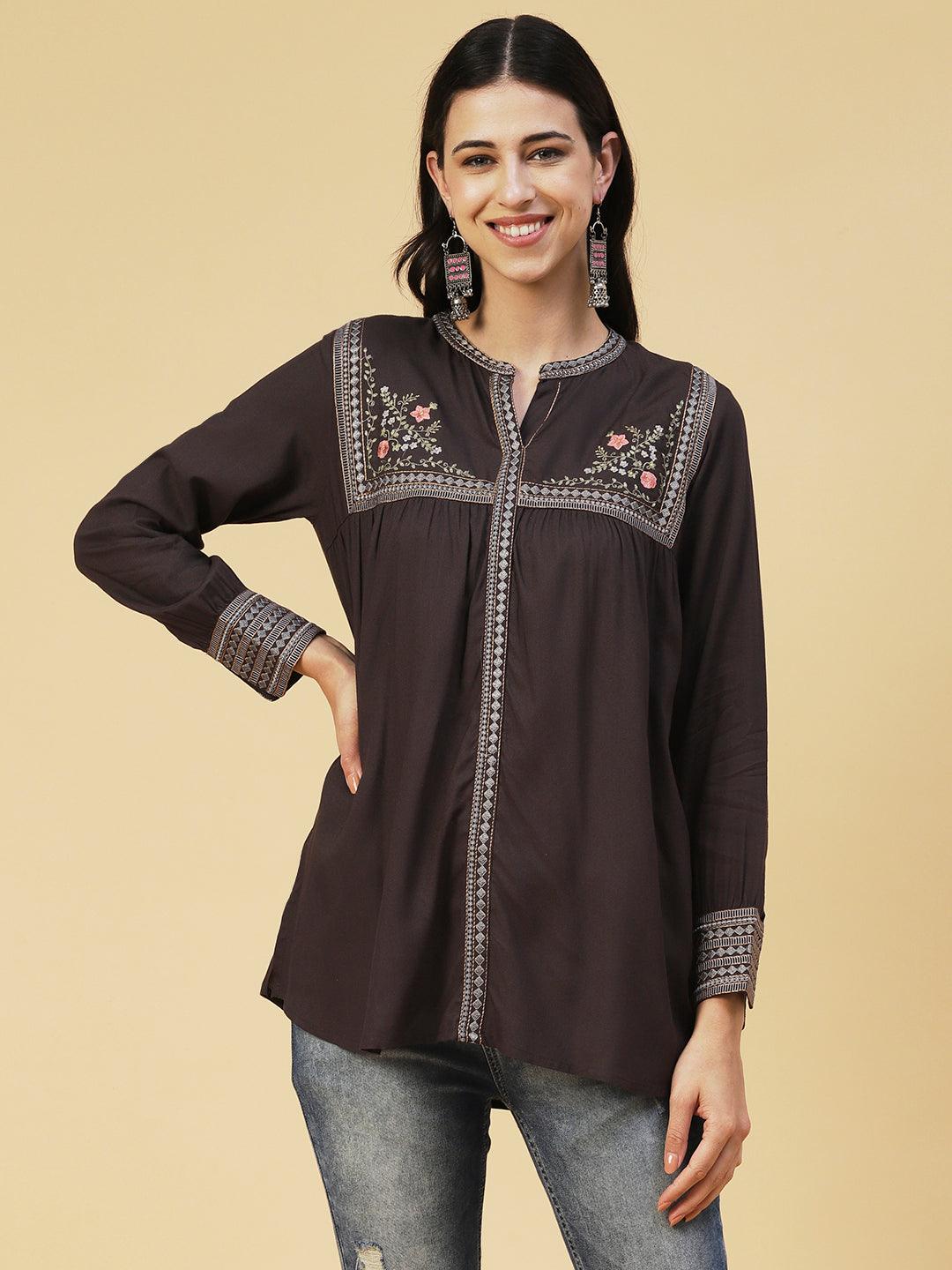 Solid Floral Embroidered A-line Top - Grey - Indiakreations