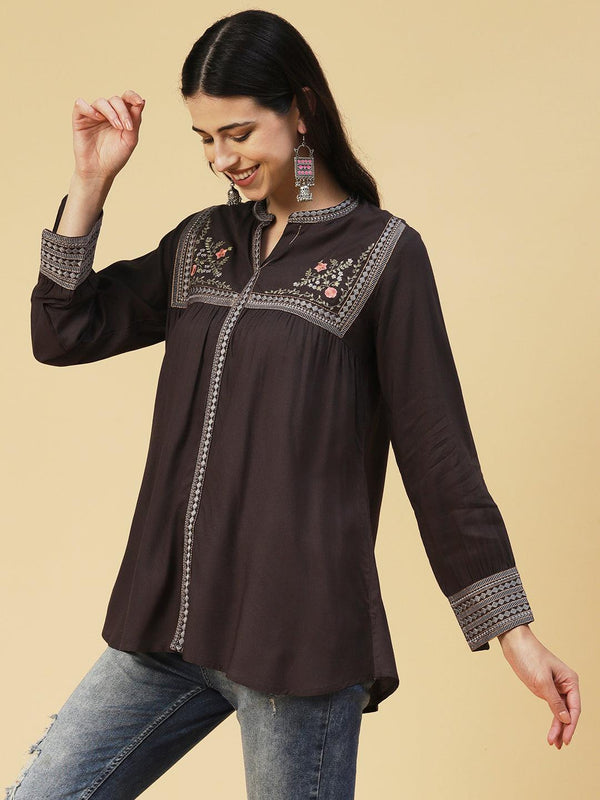 Solid Floral Embroidered A-line Top - Grey - Indiakreations