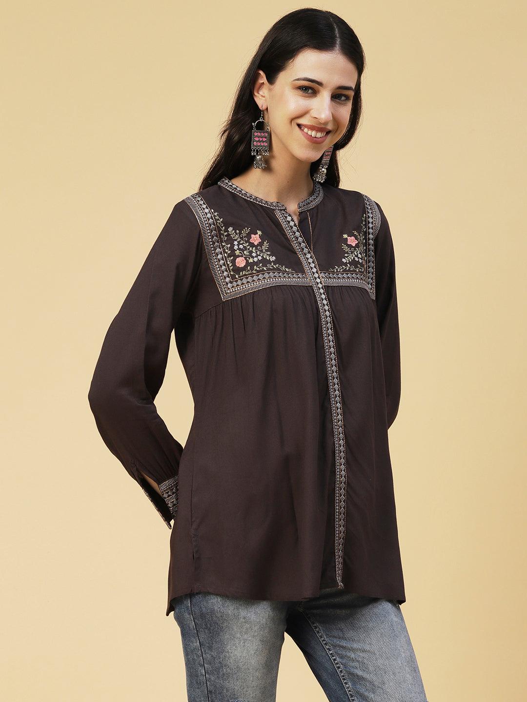 Solid Floral Embroidered A-line Top - Grey - Indiakreations