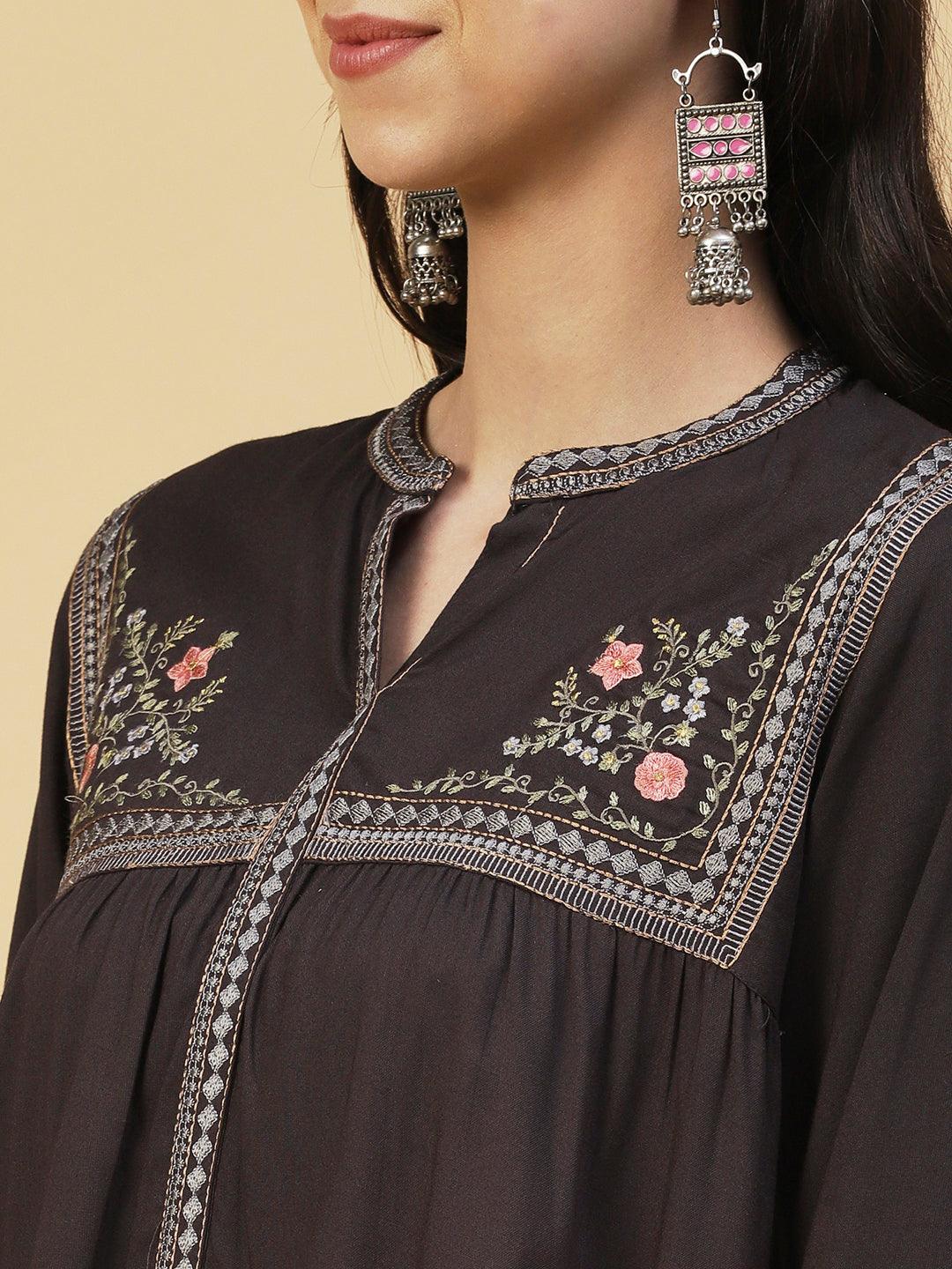 Solid Floral Embroidered A-line Top - Grey - Indiakreations