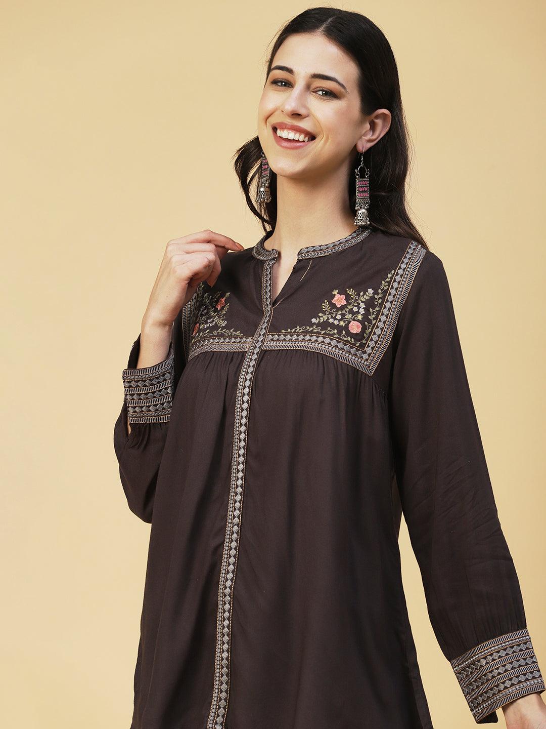 Solid Floral Embroidered A-line Top - Grey - Indiakreations