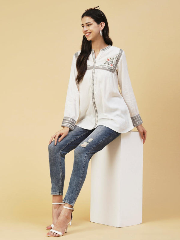 Solid Floral Embroidered A-line Top - White - Indiakreations