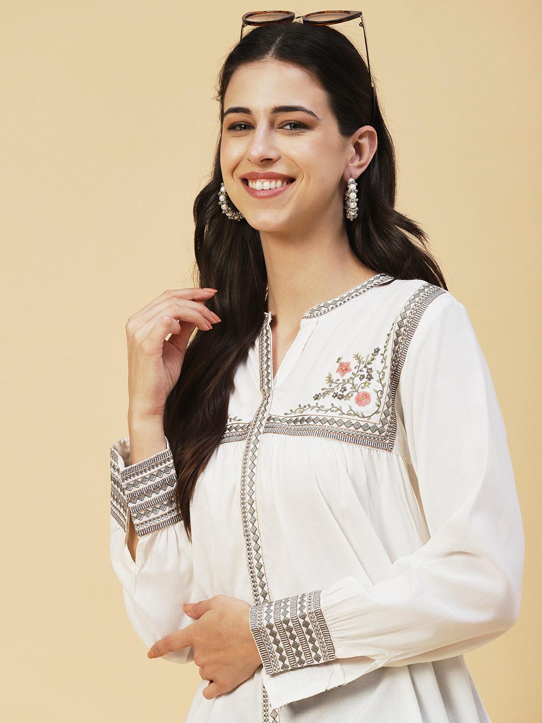 Solid Floral Embroidered A-line Top - White - Indiakreations