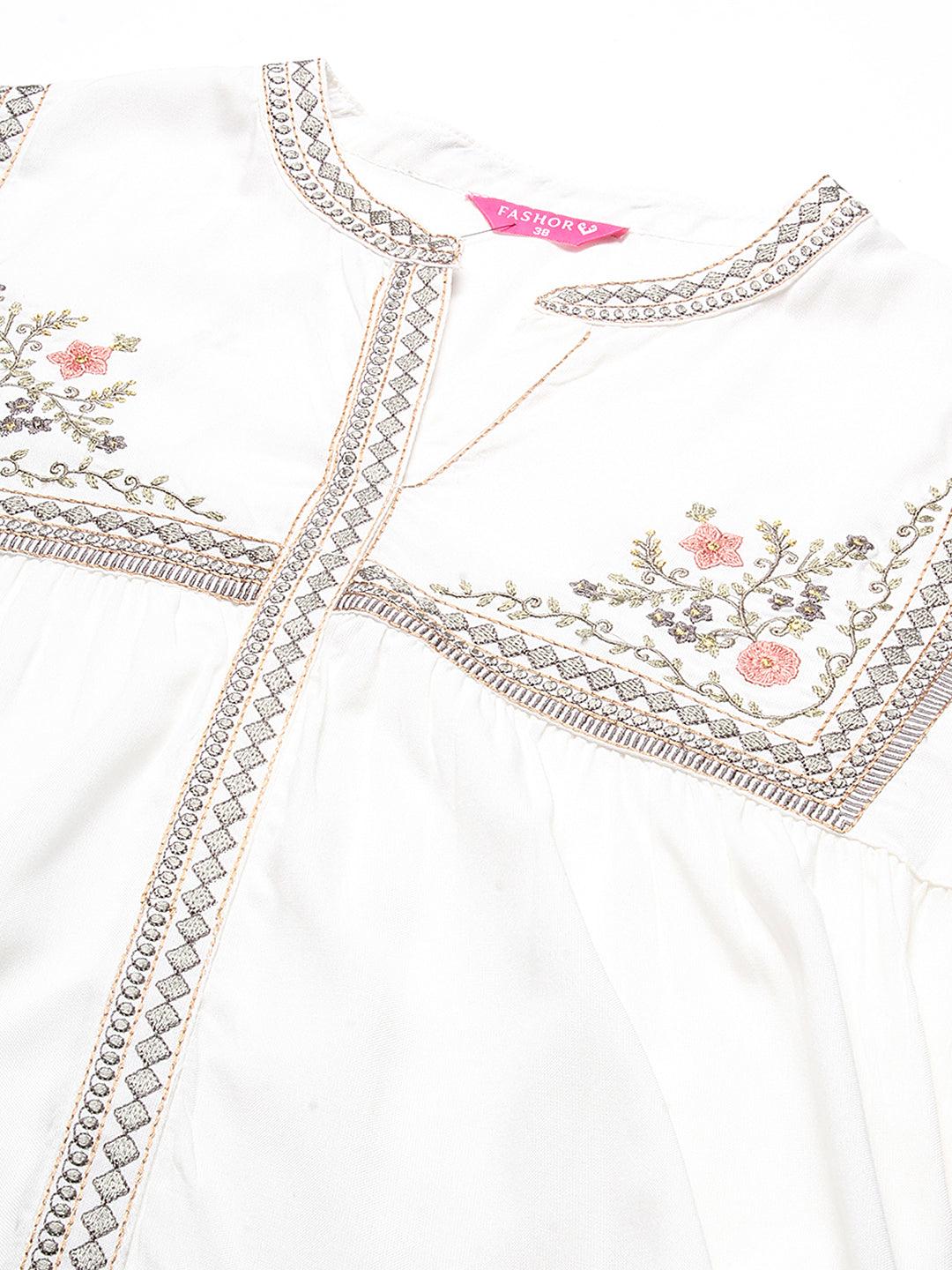 Solid Floral Embroidered A-line Top - White - Indiakreations