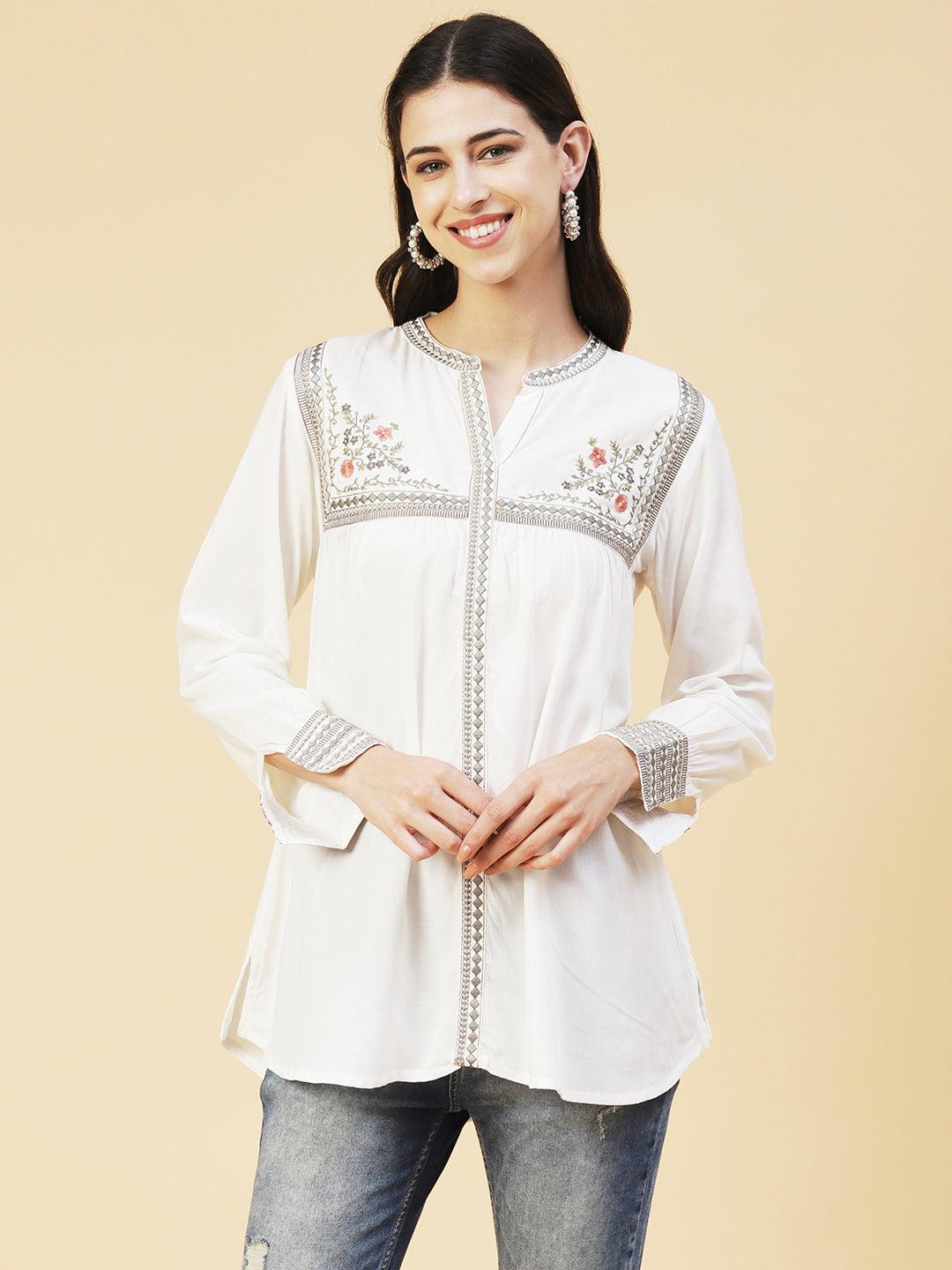 Solid Floral Embroidered A-line Top - White - Indiakreations