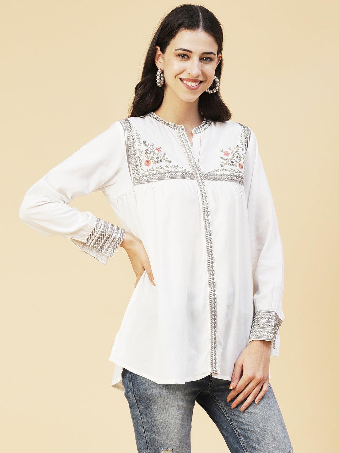 Solid Floral Embroidered A-line Top - White - Indiakreations