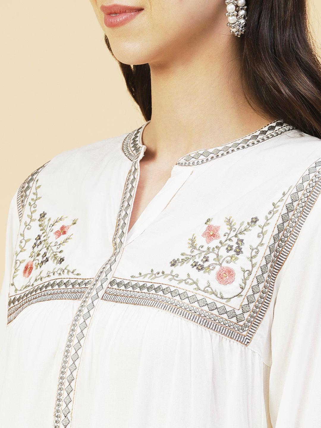 Solid Floral Embroidered A-line Top - White - Indiakreations