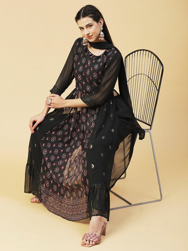 Ethnic Printed & Hand Embroidered A-Line Kurta with Palazzo & Dupatta - Black - Indiakreations