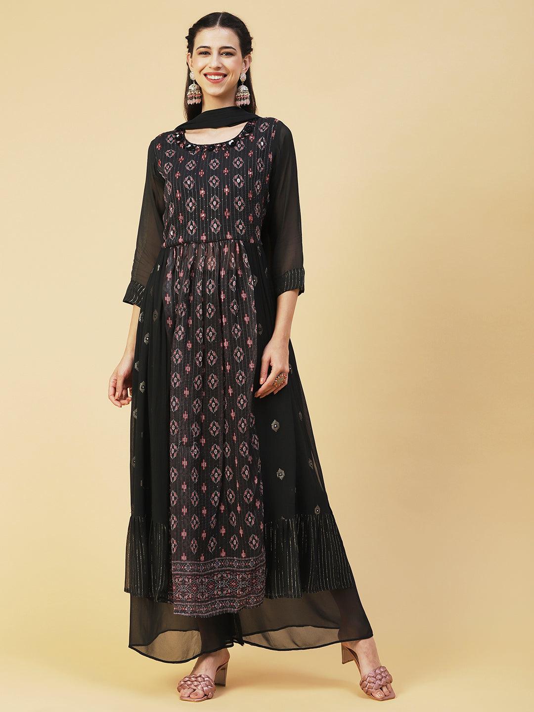 Ethnic Printed & Hand Embroidered A-Line Kurta with Palazzo & Dupatta - Black - Indiakreations