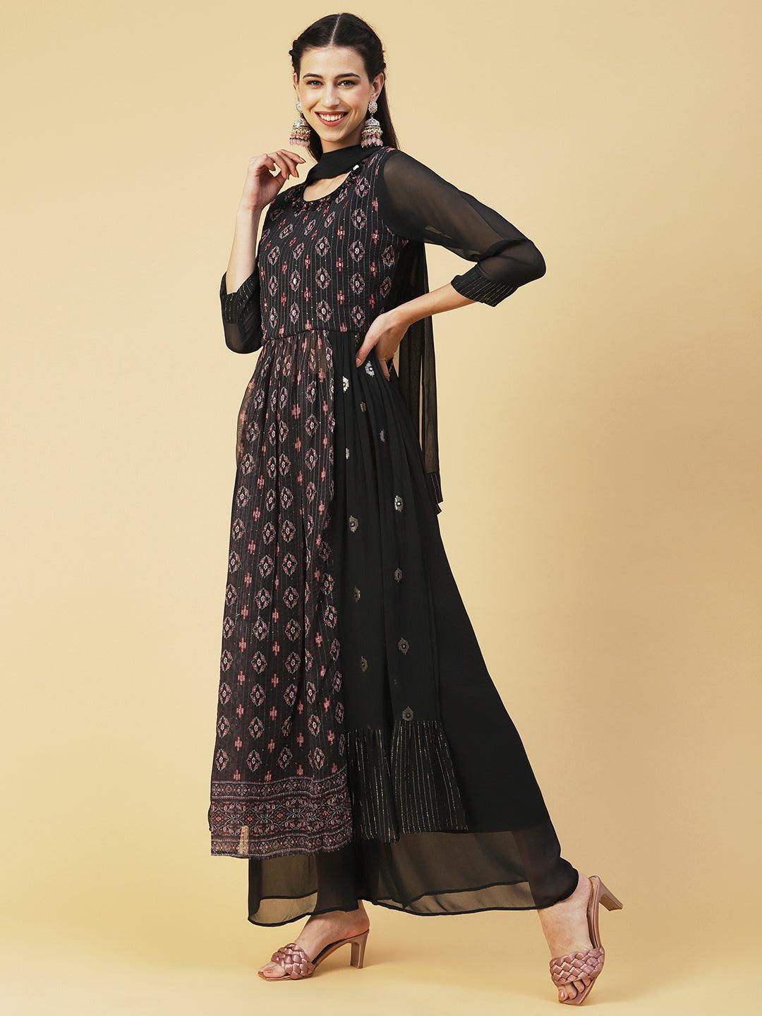 Ethnic Printed & Hand Embroidered A-Line Kurta with Palazzo & Dupatta - Black - Indiakreations