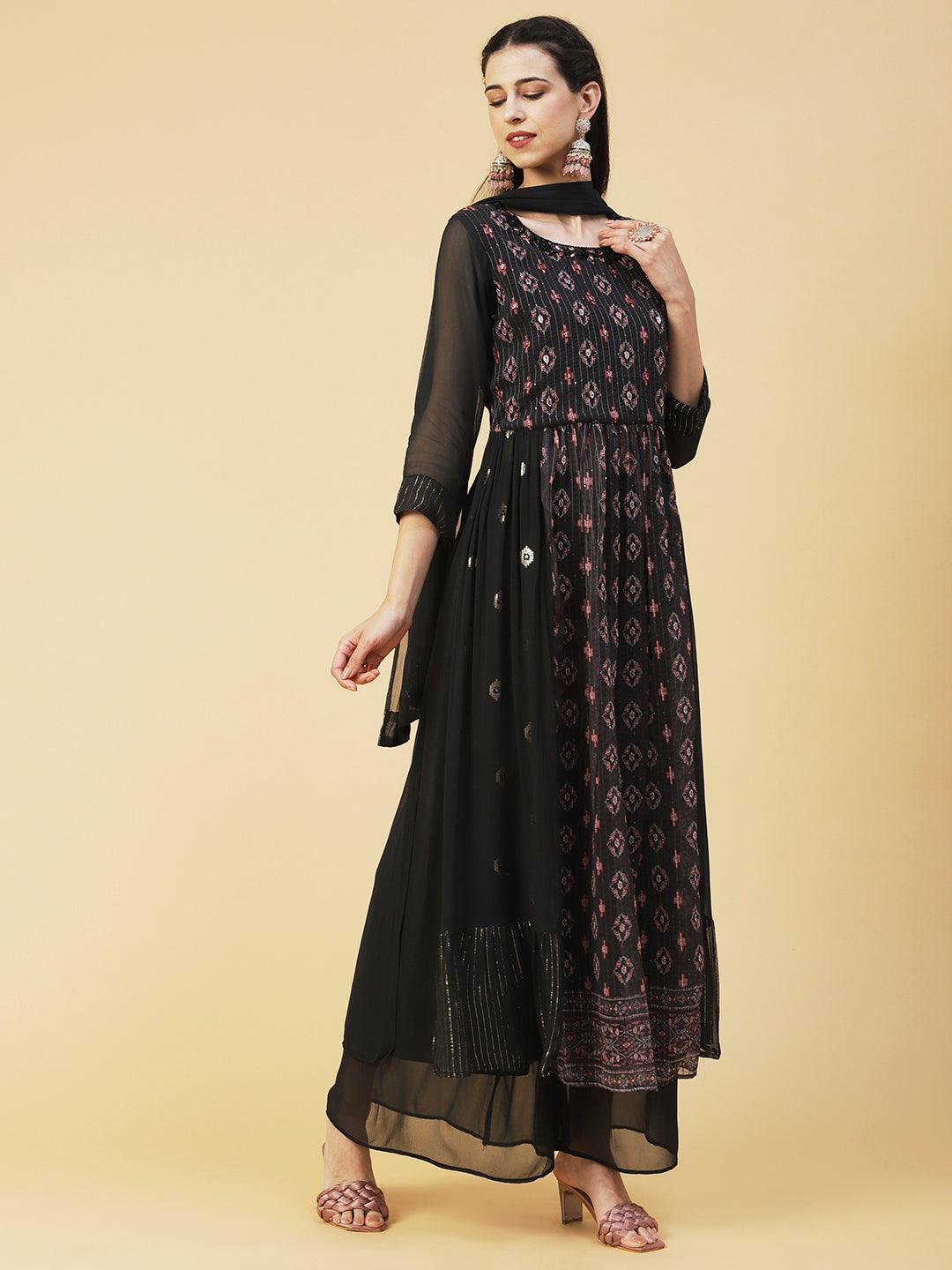 Ethnic Printed & Hand Embroidered A-Line Kurta with Palazzo & Dupatta - Black - Indiakreations