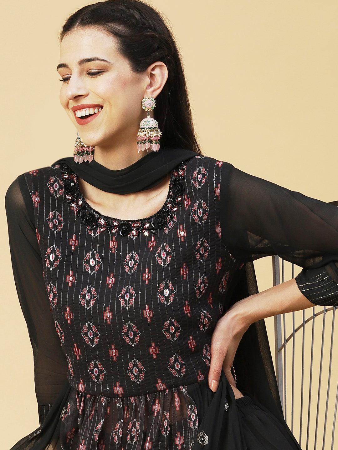 Ethnic Printed & Hand Embroidered A-Line Kurta with Palazzo & Dupatta - Black - Indiakreations