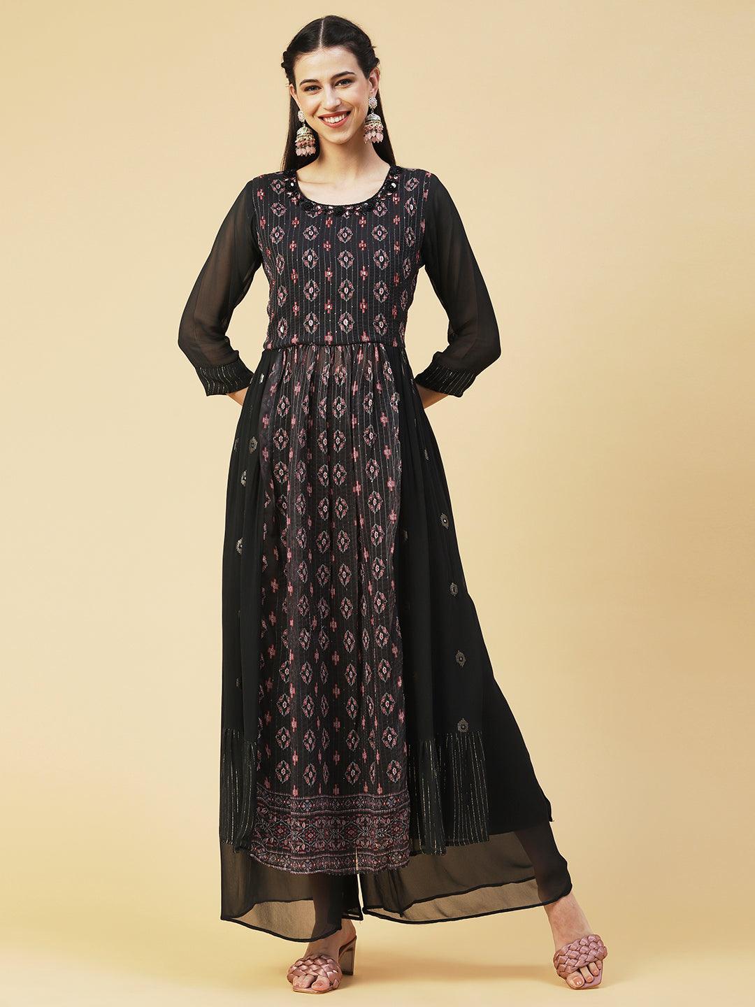 Ethnic Printed & Hand Embroidered A-Line Kurta with Palazzo & Dupatta - Black - Indiakreations