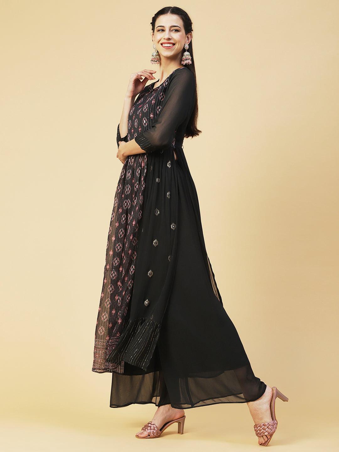 Ethnic Printed & Hand Embroidered A-Line Kurta with Palazzo & Dupatta - Black - Indiakreations