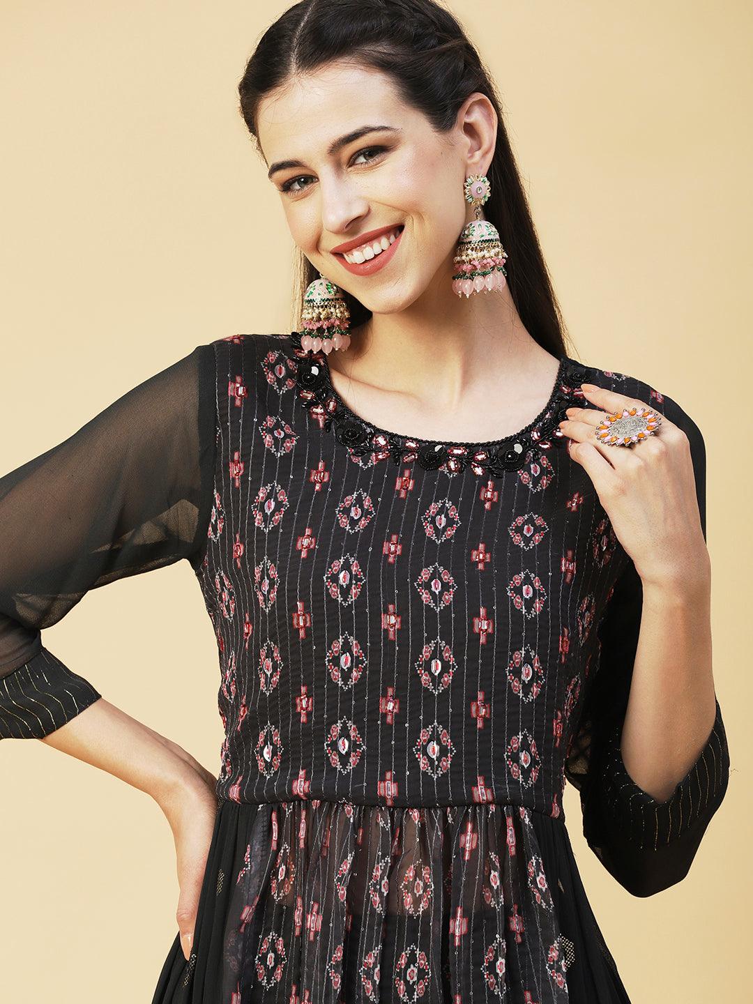 Ethnic Printed & Hand Embroidered A-Line Kurta with Palazzo & Dupatta - Black - Indiakreations