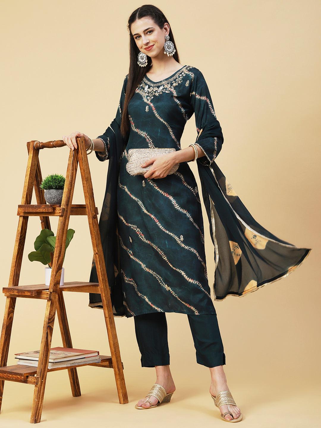 Tie - Dye Printed & Hand Embroidered Straight Kurta with Pant & Dupatta - Green - Indiakreations