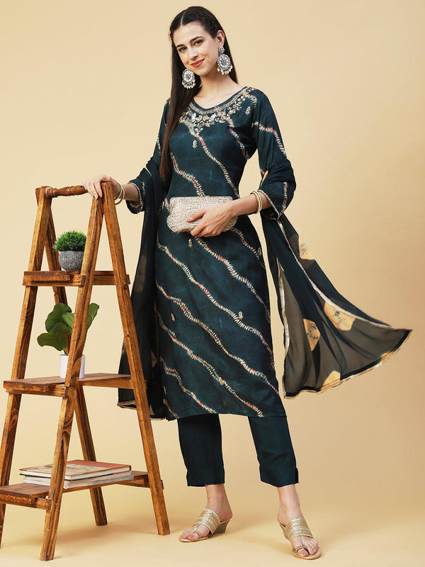 Tie - Dye Printed & Hand Embroidered Straight Kurta with Pant & Dupatta - Green - Indiakreations