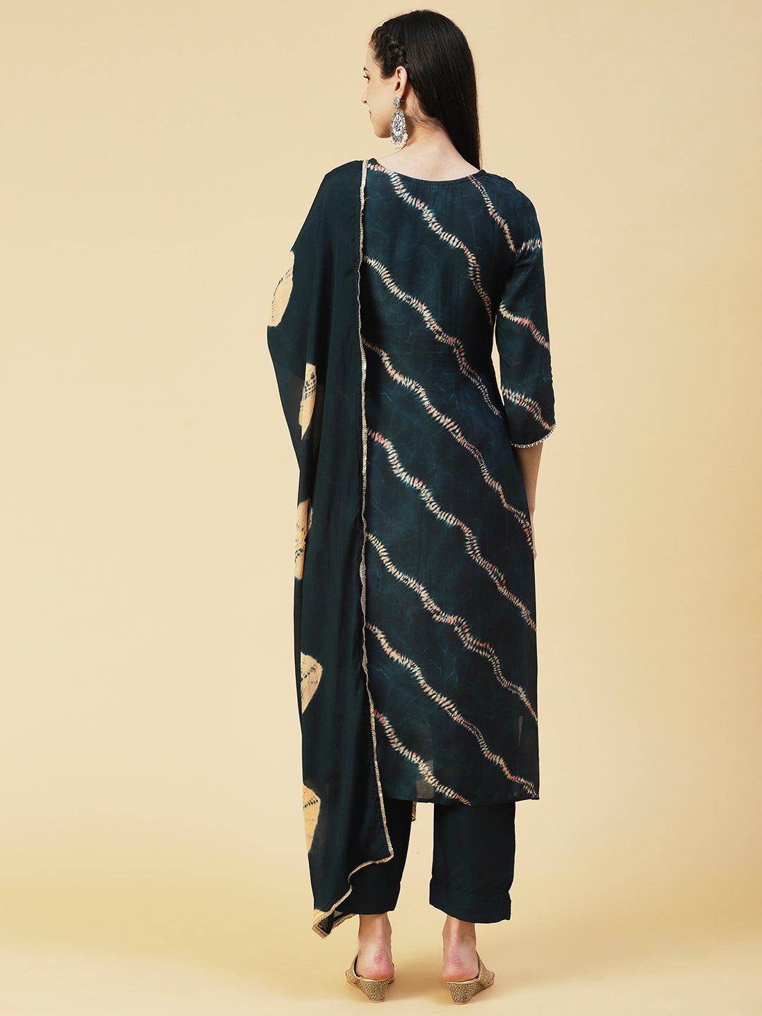 Tie - Dye Printed & Hand Embroidered Straight Kurta with Pant & Dupatta - Green - Indiakreations