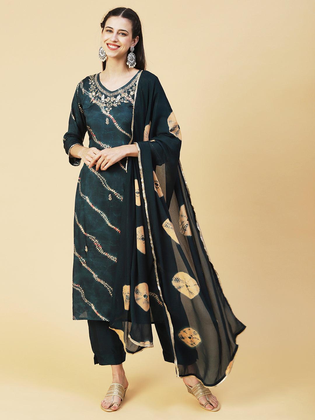 Tie - Dye Printed & Hand Embroidered Straight Kurta with Pant & Dupatta - Green - Indiakreations