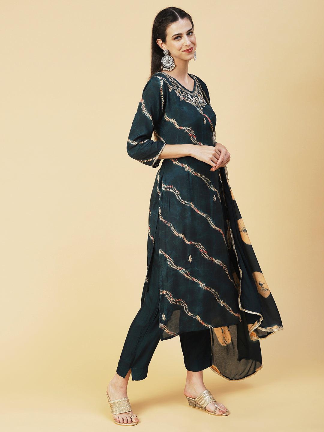 Tie - Dye Printed & Hand Embroidered Straight Kurta with Pant & Dupatta - Green - Indiakreations