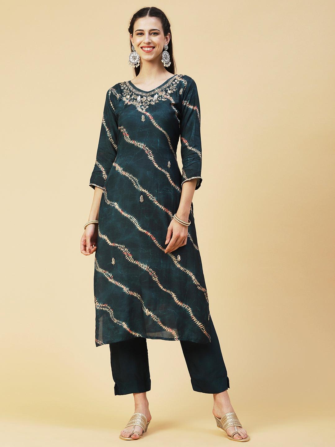 Tie - Dye Printed & Hand Embroidered Straight Kurta with Pant & Dupatta - Green - Indiakreations