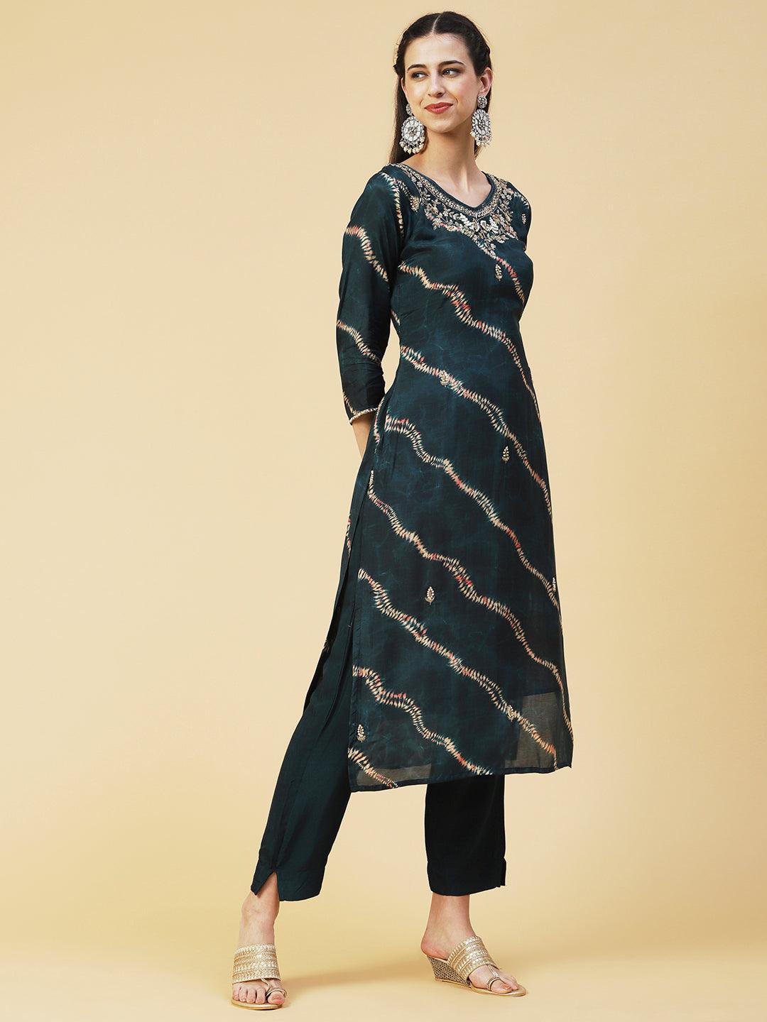 Tie - Dye Printed & Hand Embroidered Straight Kurta with Pant & Dupatta - Green - Indiakreations