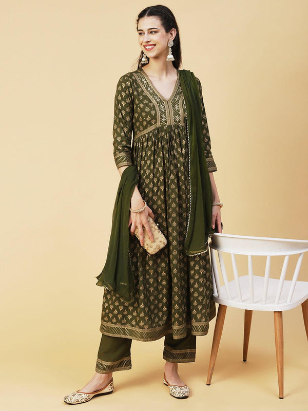 Ethnic Foil Printed Zari Embroidered Kurta With Pants & Dupatta - Green - Indiakreations