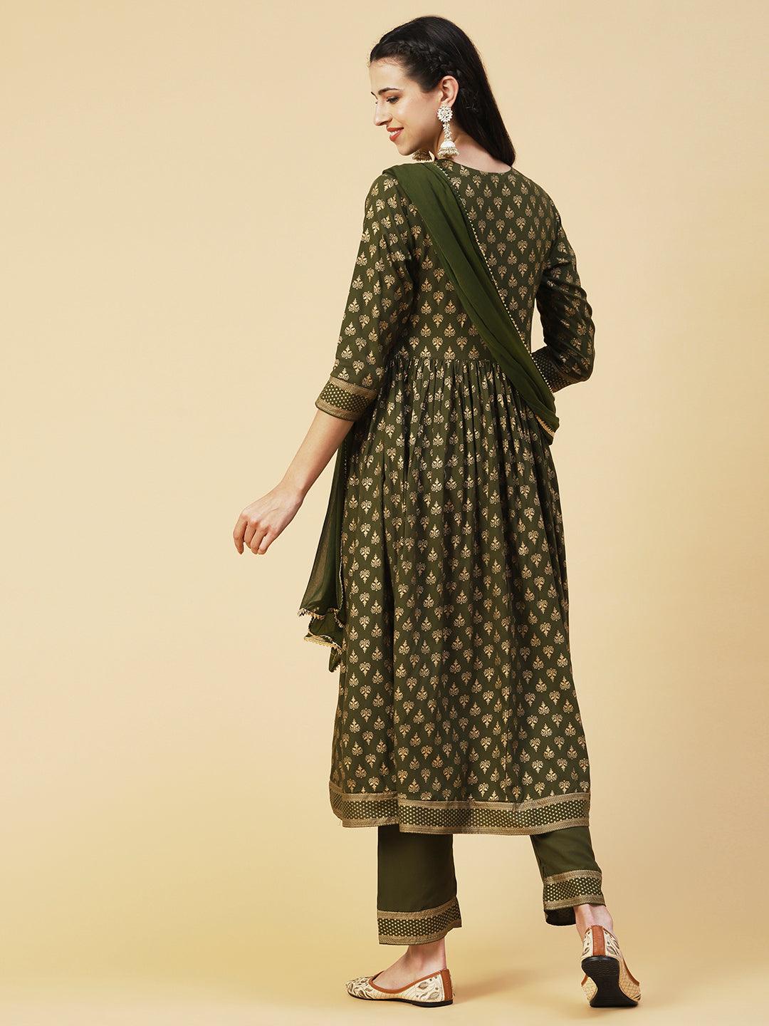 Ethnic Foil Printed Zari Embroidered Kurta With Pants & Dupatta - Green - Indiakreations