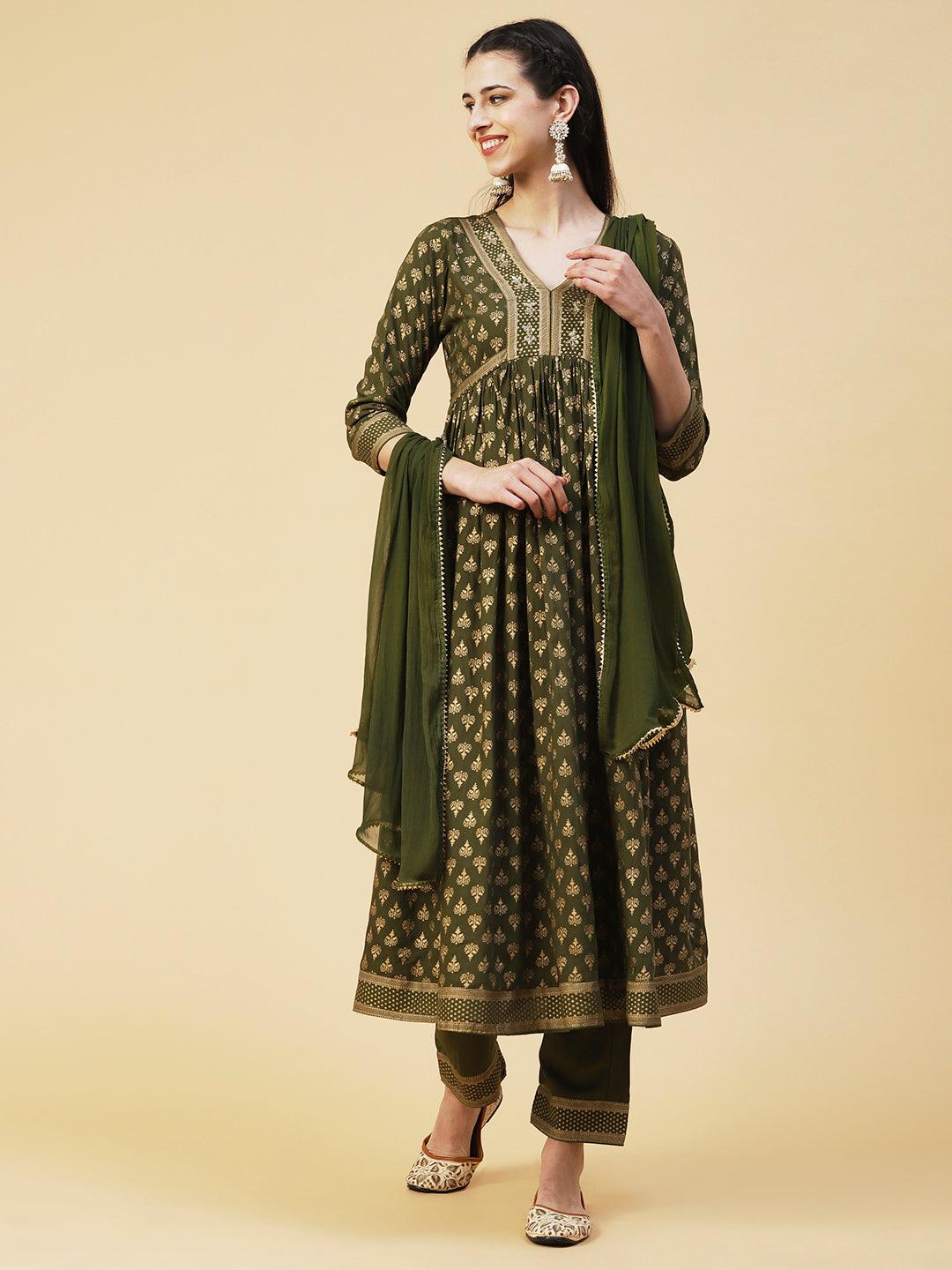 Ethnic Foil Printed Zari Embroidered Kurta With Pants & Dupatta - Green - Indiakreations