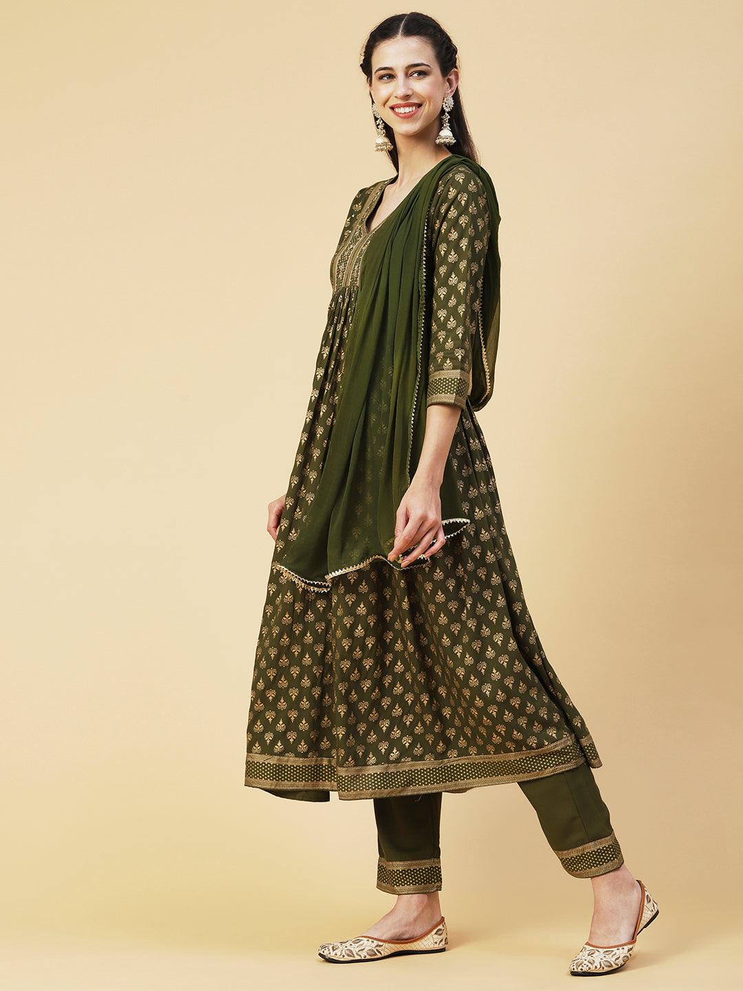 Ethnic Foil Printed Zari Embroidered Kurta With Pants & Dupatta - Green - Indiakreations