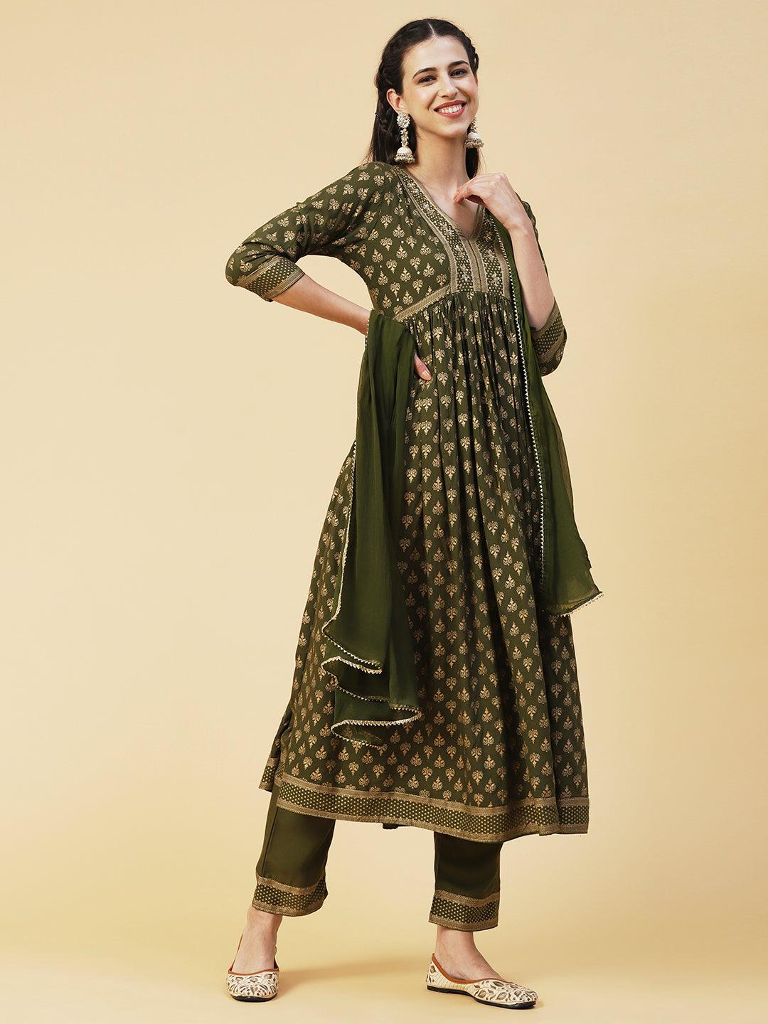 Ethnic Foil Printed Zari Embroidered Kurta With Pants & Dupatta - Green - Indiakreations