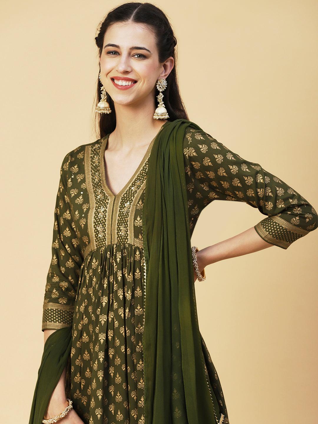 Ethnic Foil Printed Zari Embroidered Kurta With Pants & Dupatta - Green - Indiakreations