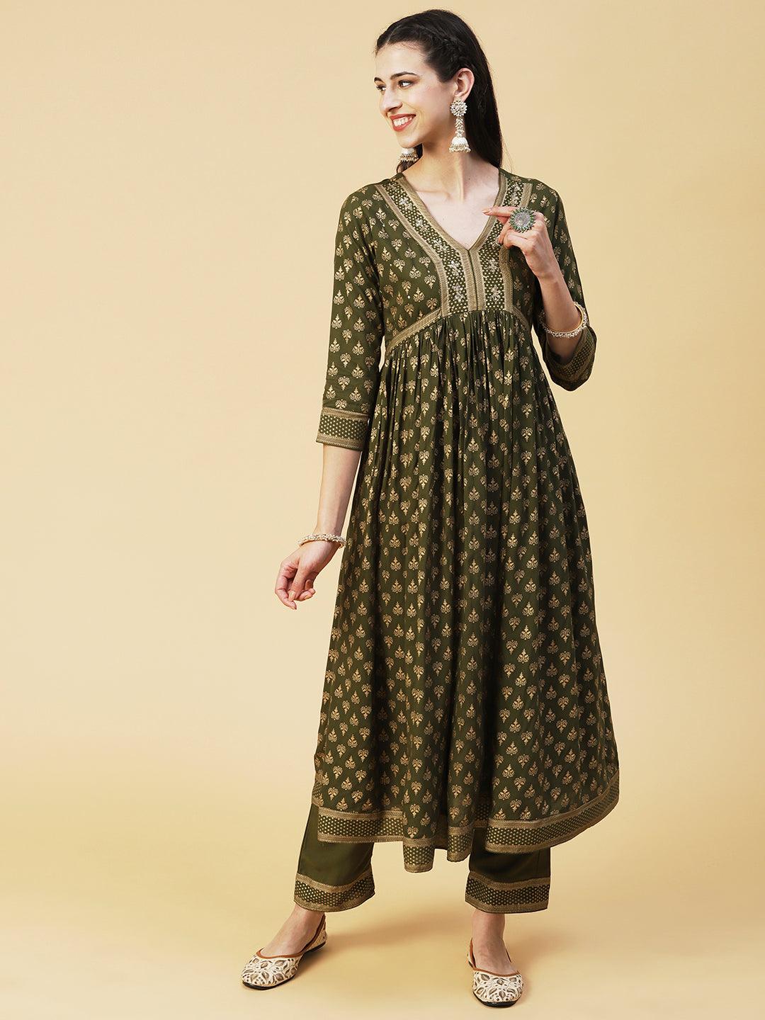 Ethnic Foil Printed Zari Embroidered Kurta With Pants & Dupatta - Green - Indiakreations