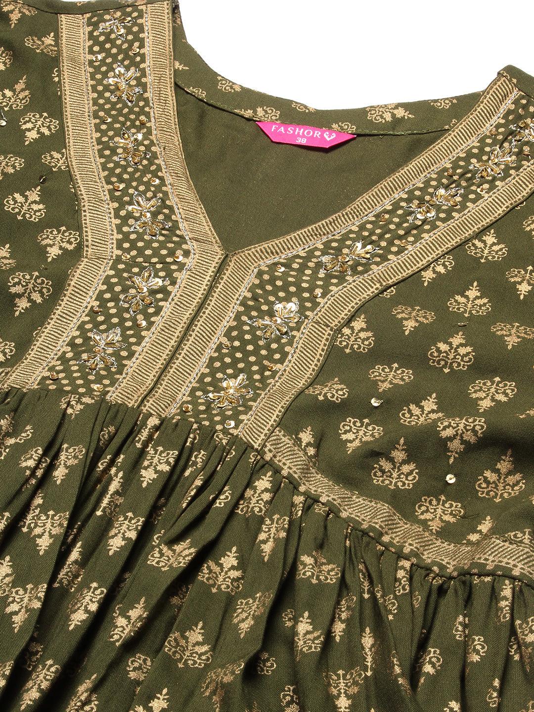 Ethnic Foil Printed Zari Embroidered Kurta With Pants & Dupatta - Green - Indiakreations