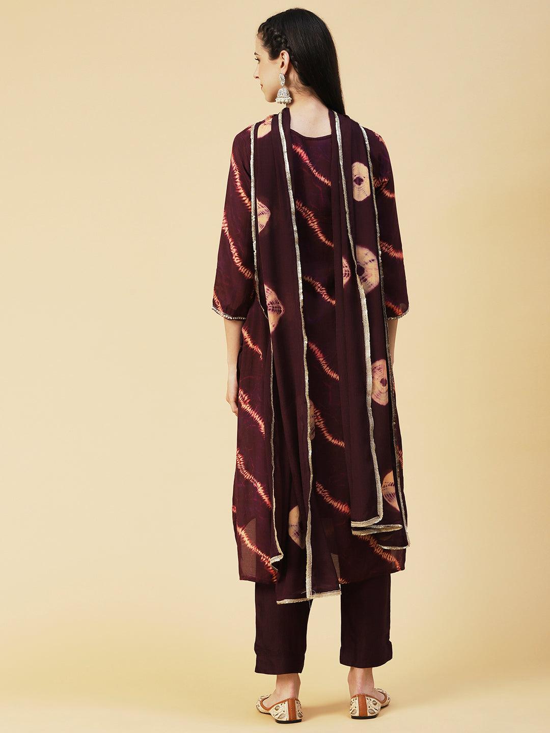 Tie - Dye Printed & Hand Embroidered Straight Kurta with Pant & Dupatta - Violet - Indiakreations