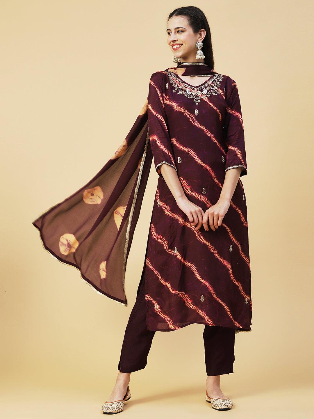 Tie - Dye Printed & Hand Embroidered Straight Kurta with Pant & Dupatta - Violet - Indiakreations