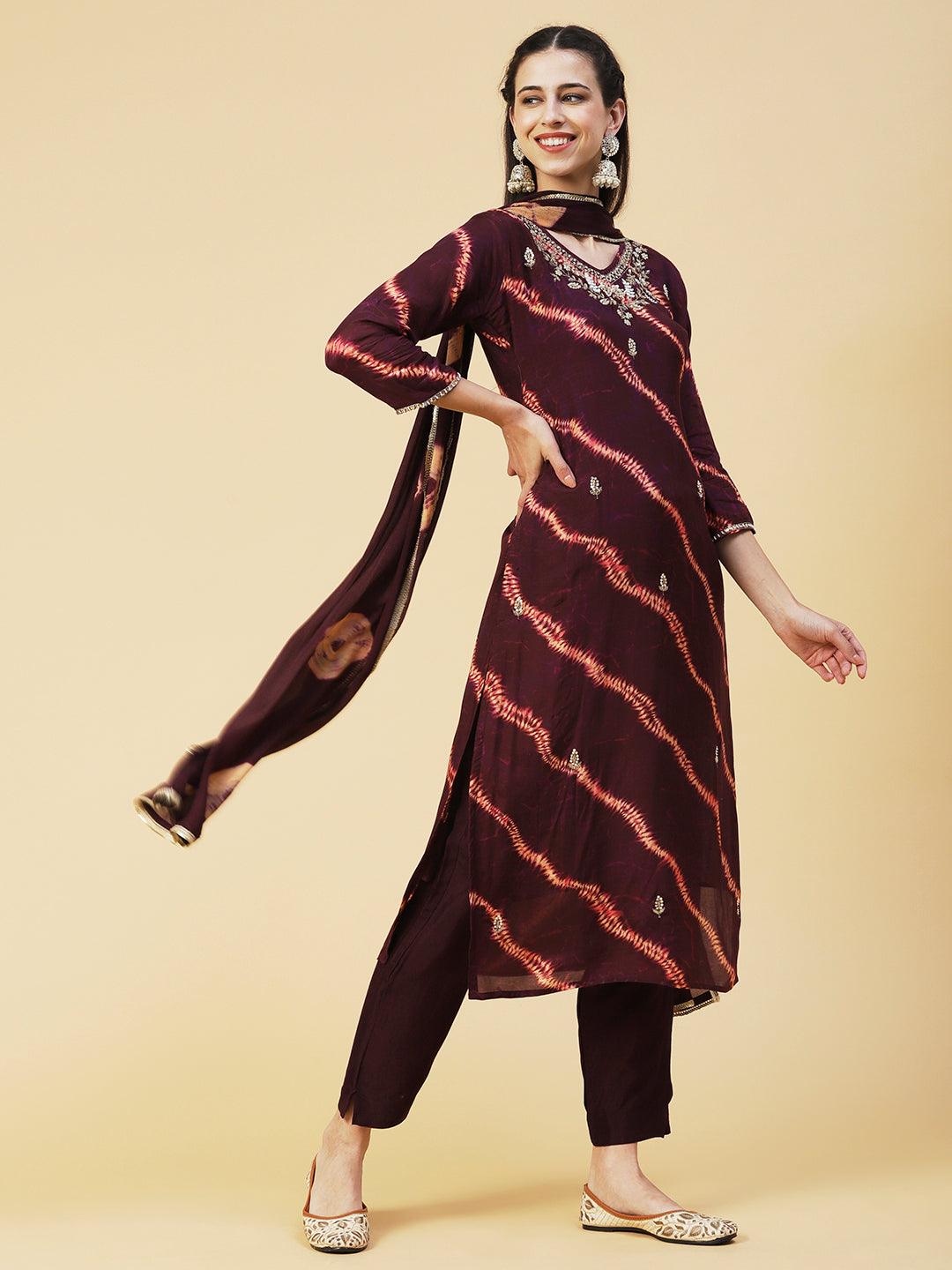 Tie - Dye Printed & Hand Embroidered Straight Kurta with Pant & Dupatta - Violet - Indiakreations