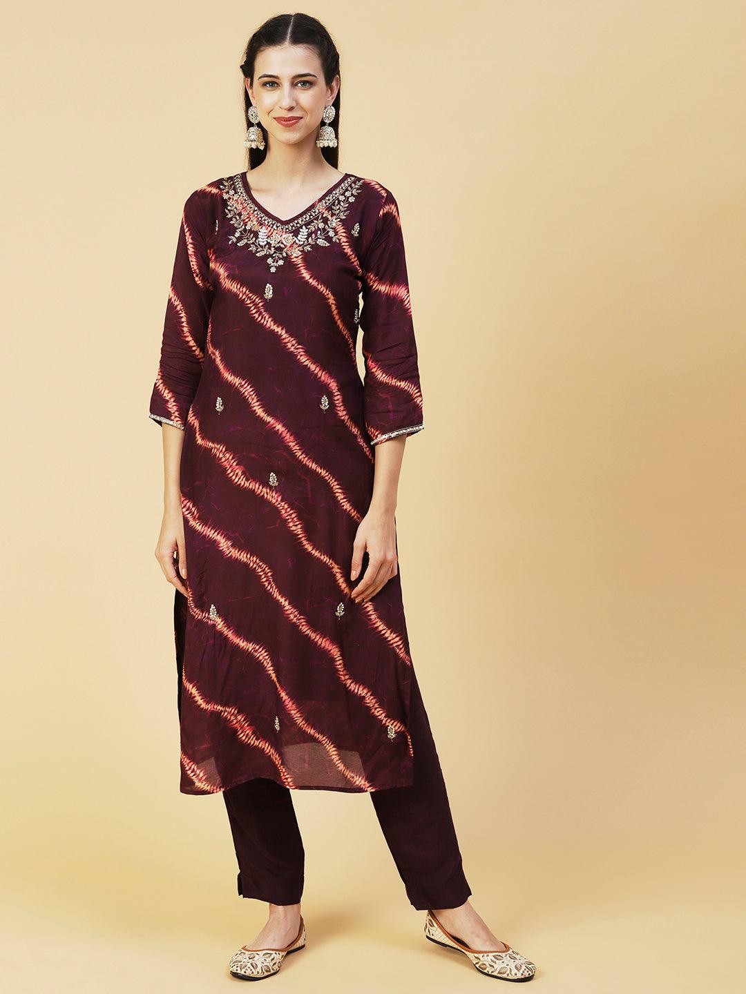 Tie - Dye Printed & Hand Embroidered Straight Kurta with Pant & Dupatta - Violet - Indiakreations