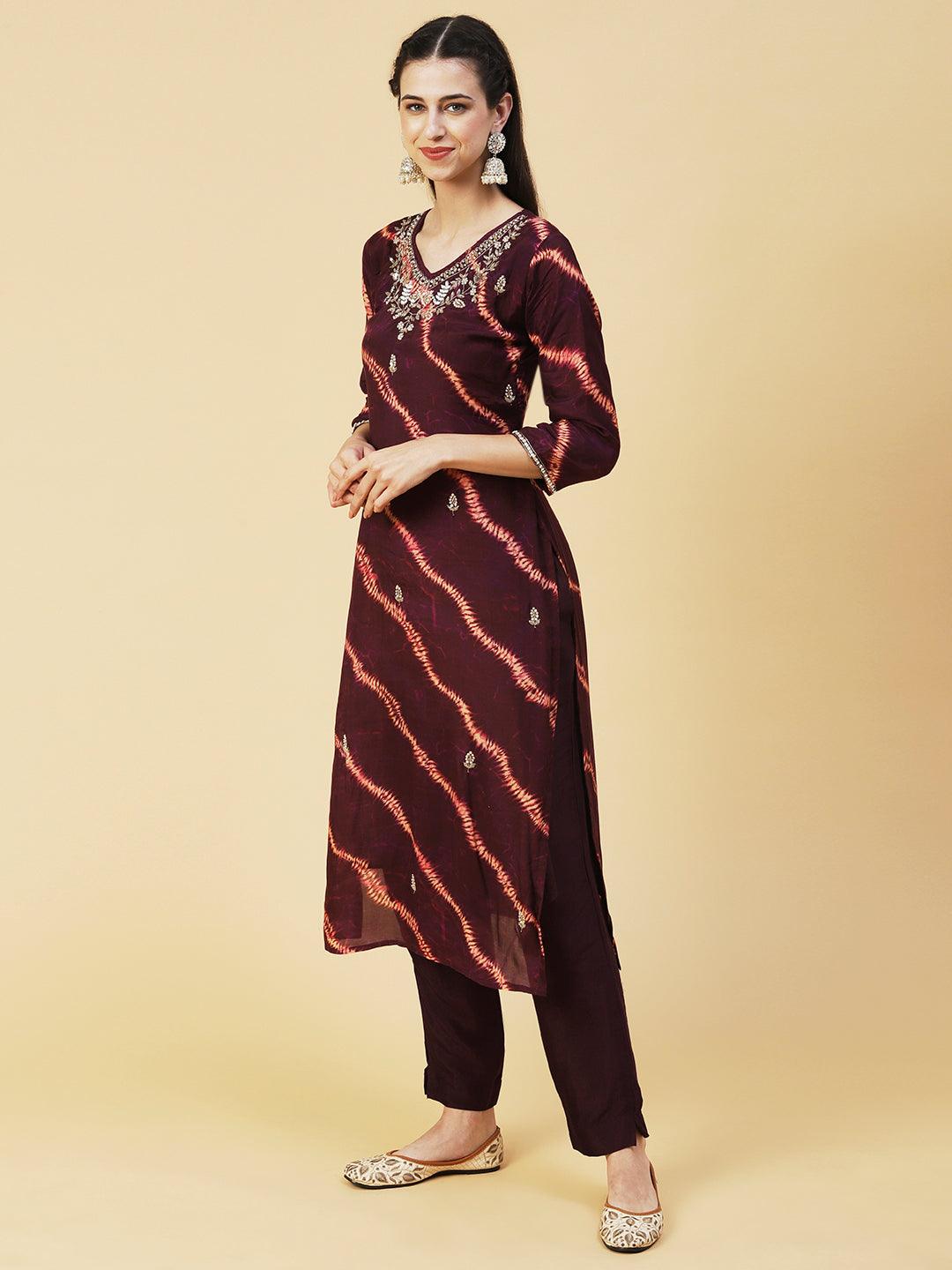 Tie - Dye Printed & Hand Embroidered Straight Kurta with Pant & Dupatta - Violet - Indiakreations