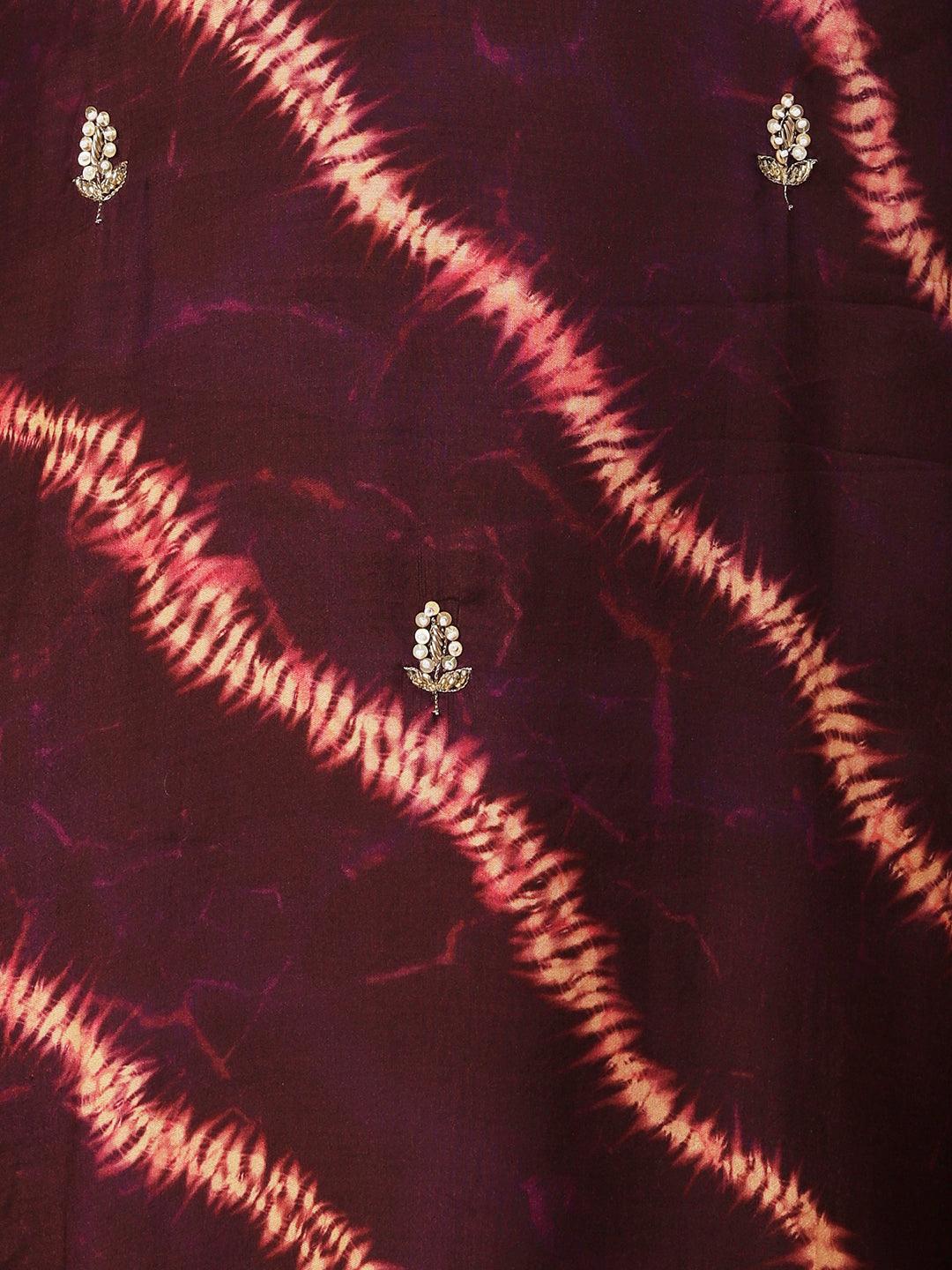 Tie - Dye Printed & Hand Embroidered Straight Kurta with Pant & Dupatta - Violet - Indiakreations