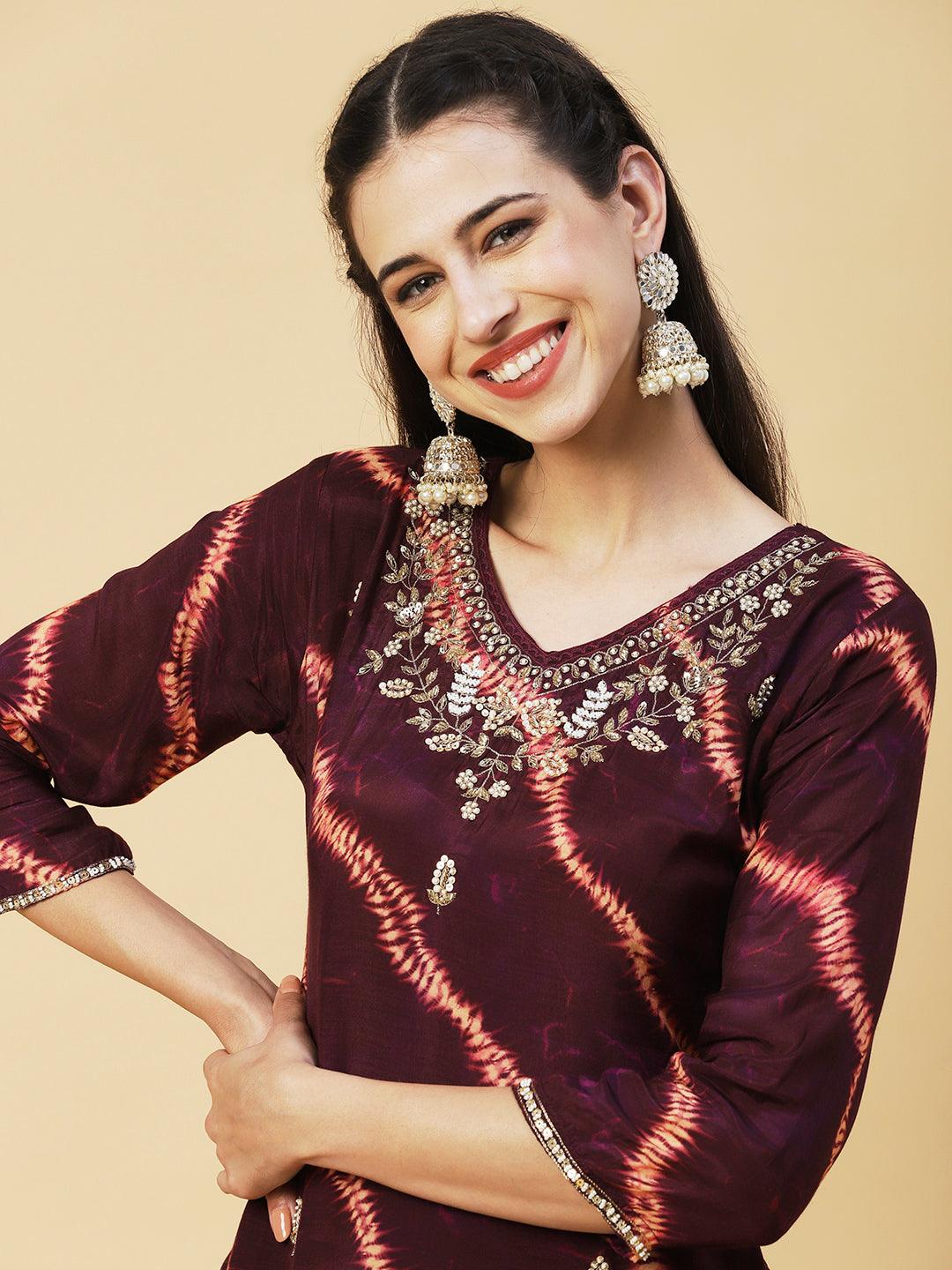 Tie - Dye Printed & Hand Embroidered Straight Kurta with Pant & Dupatta - Violet - Indiakreations