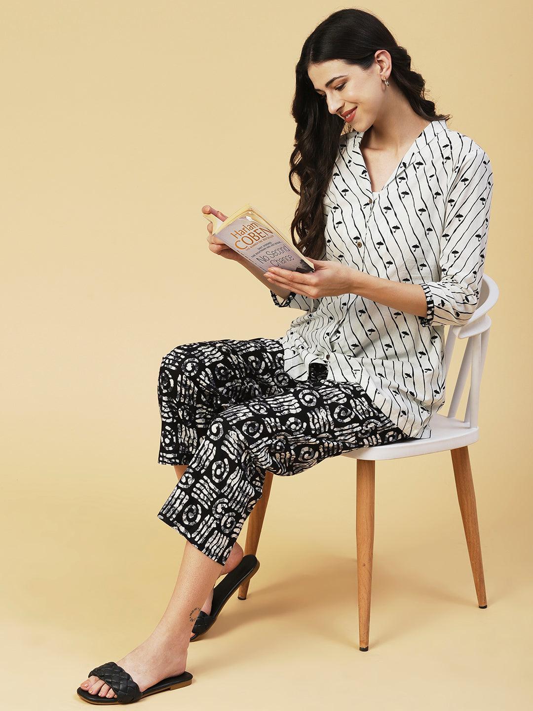 Umbrella Printed Straight Fit Lounge Wear Set - White - Indiakreations