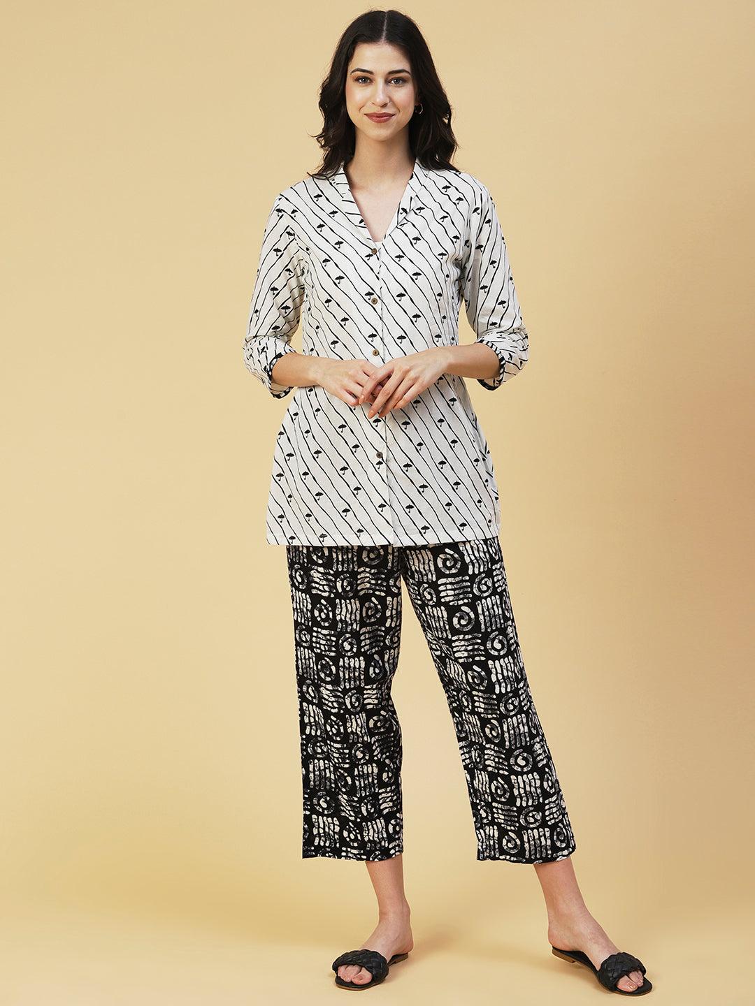 Umbrella Printed Straight Fit Lounge Wear Set - White - Indiakreations